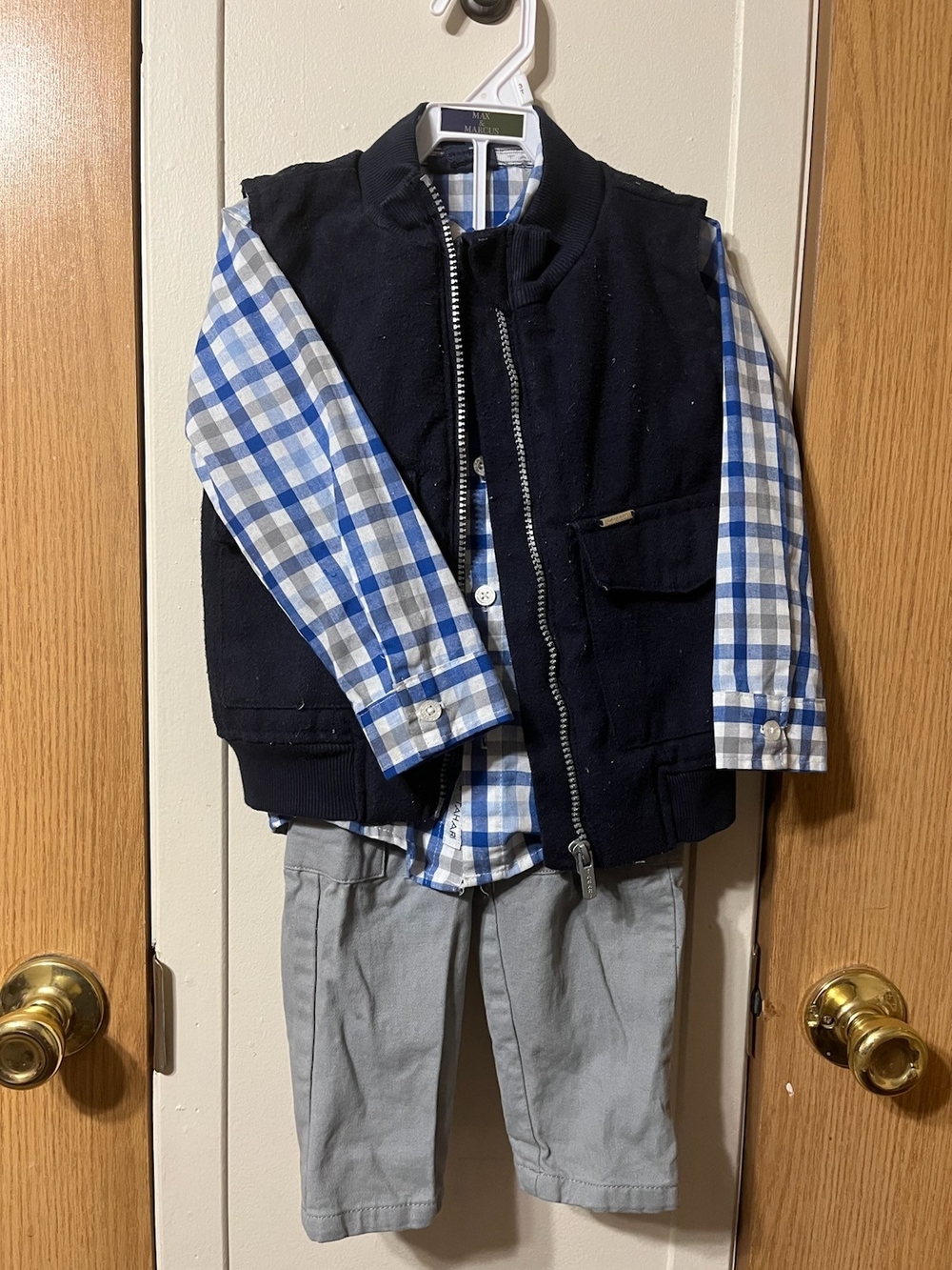 Tahari Boys Navy Vest Blue Check Shirt Gray Pants Matching Set